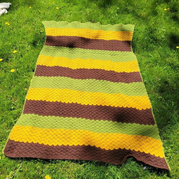 Handmade Crocheted Afghan Green Yellow Brown Striped 75" x 51" Blanket Throw - Picture 3 of 3